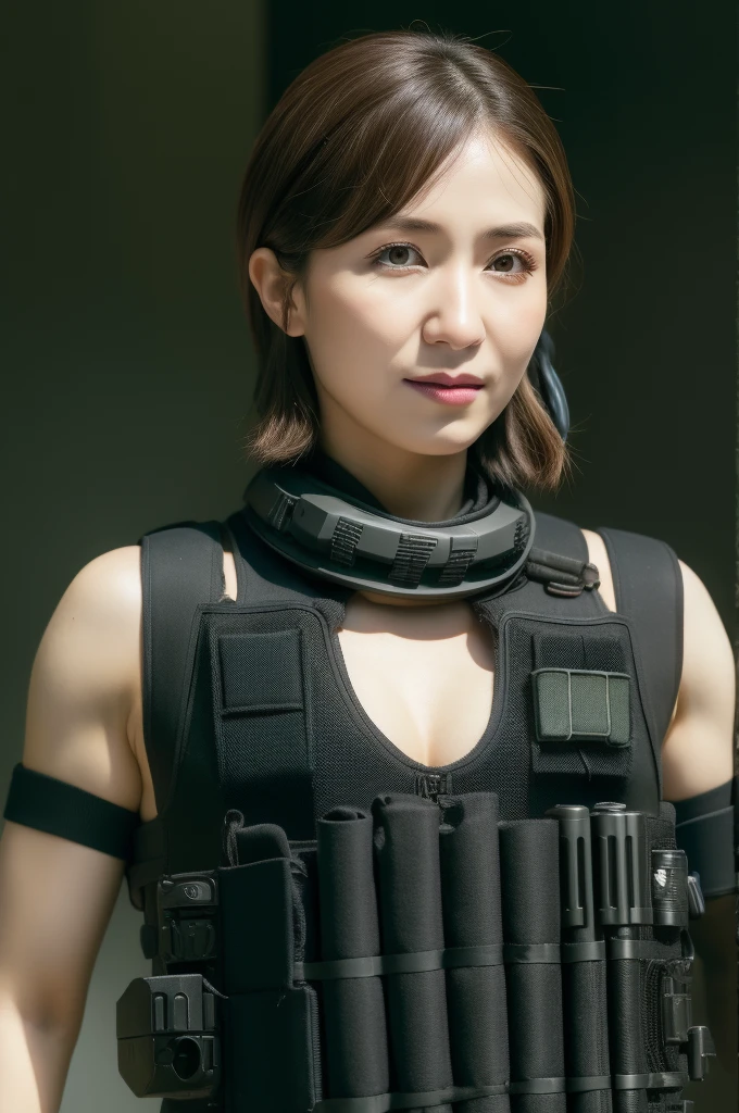 Crisp image quality,highest quality, masterpiece, High resolution, Realistic, RAW Photos, 8k wallpaper, perfection, Professional Lighting, Very detailed, Written boundary depth, ((One beautiful woman)), Beautiful Face、beauty、33 years old,Beautiful Eyes, (((SWAT team equipment:1.45))), Cleavage、Shapely small breasts, Light brown wavy hair, short hair,Muscular,belly button,sexy
