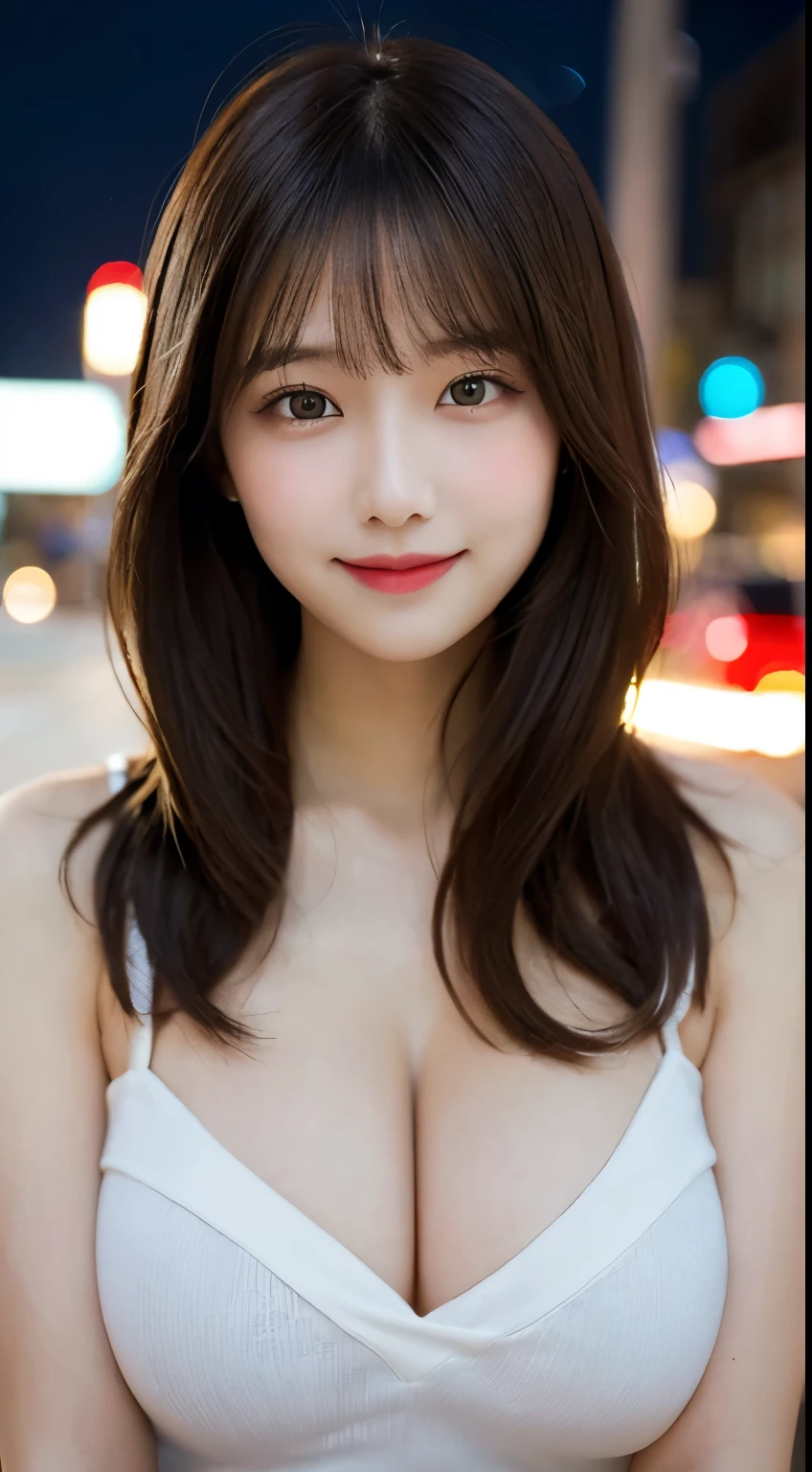 whole body, highest quality, shape, Very detailed, finely, High resolution, 8k, 完璧なダイナミックな構shape, finelyて美しい目, Landmine fashion,Medium Hair, Center of chest, Natural color lip, Random sexy poses,smile,City of night，Large Breasts，Cute Girlfriend，