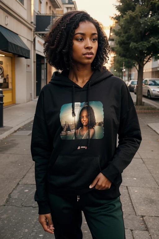Brown skin straight woman black hair afro green eyes skinny tall long hoodie and joggers black wide