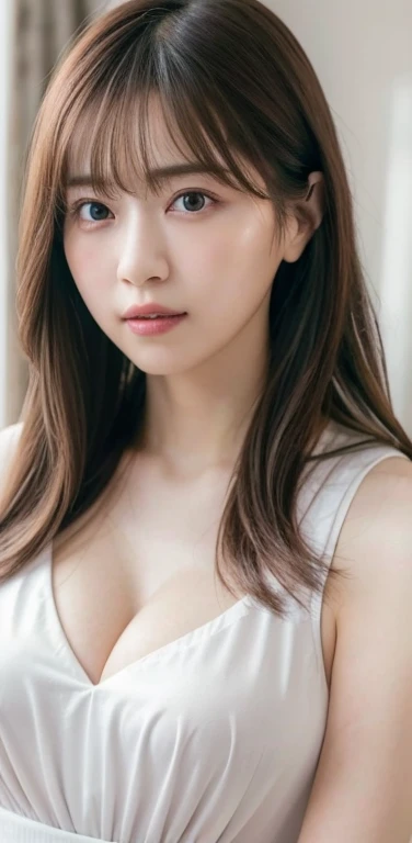 masterpiece, highest quality, 8k, 20th Generation, Large Breasts, cute, alone, sad, cute, Girlish, Delicate girl, Pure beauty, RAW Photos, Professional photography, Portraiture, Soft Light, Professional Lighting, Backlight, Upper Body, avert your eyes, Sophisticated, Film Grain, (Eyes and facial details:1.0), Short floating hair, Beautiful, flowing hair, bangs, (Bank clerk uniform(Vibrant pastel colors))、(Large Breasts:1.0)、You can see a little cleavage、Nipple protrusion、Dolly Makeup、Translucent white skin、White Breasts、Odd Eye、The colour of the left and right eyes are different