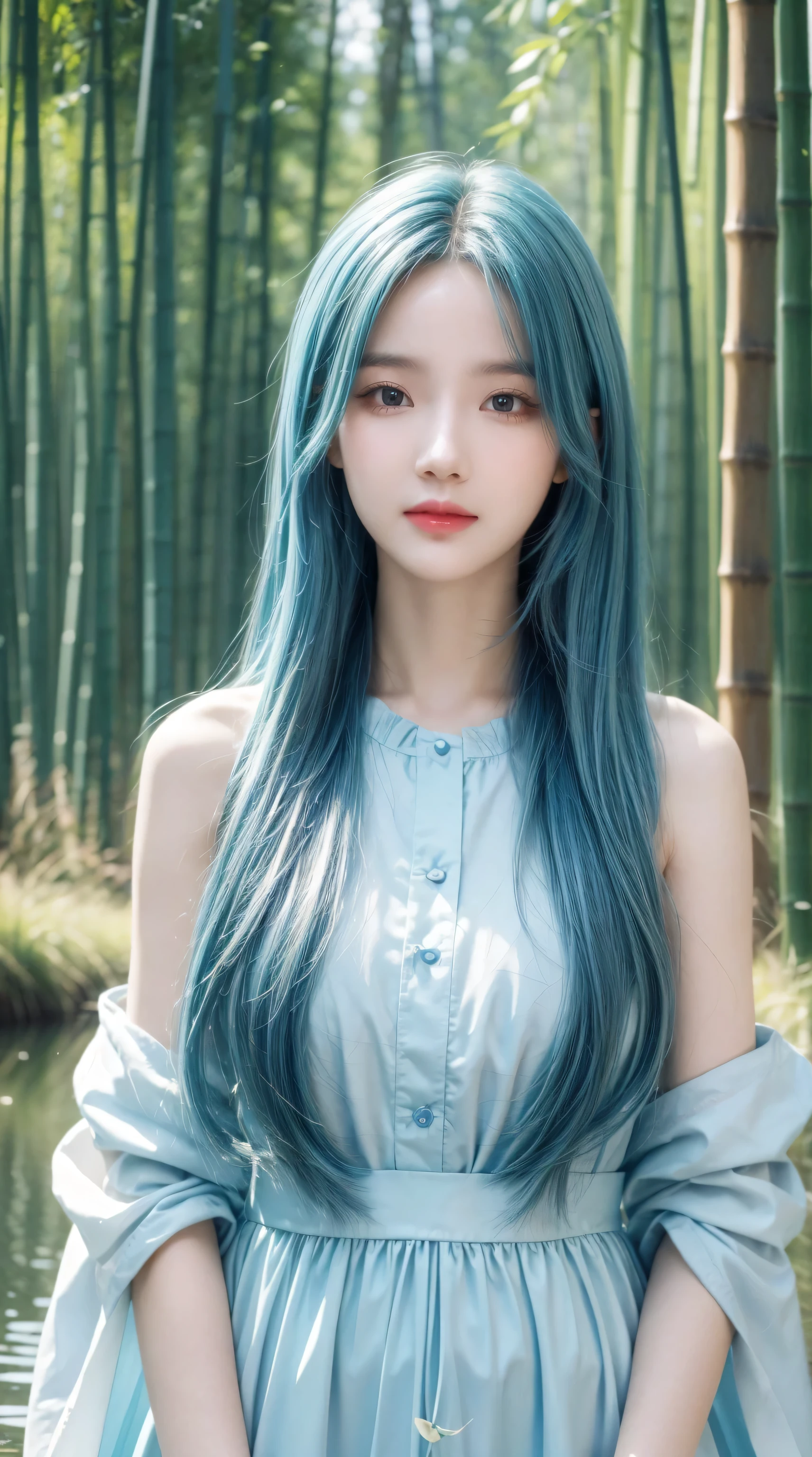 masterpiece, best quality, official art, 8k wallpaper, Very detailed, illustration, 1 girl, Sky blue hair, Long hair, Delicate eyes, Forrest Gump, Bare shoulders, Hanfu, lake, pure, Gentle smile, bamboo, Tea