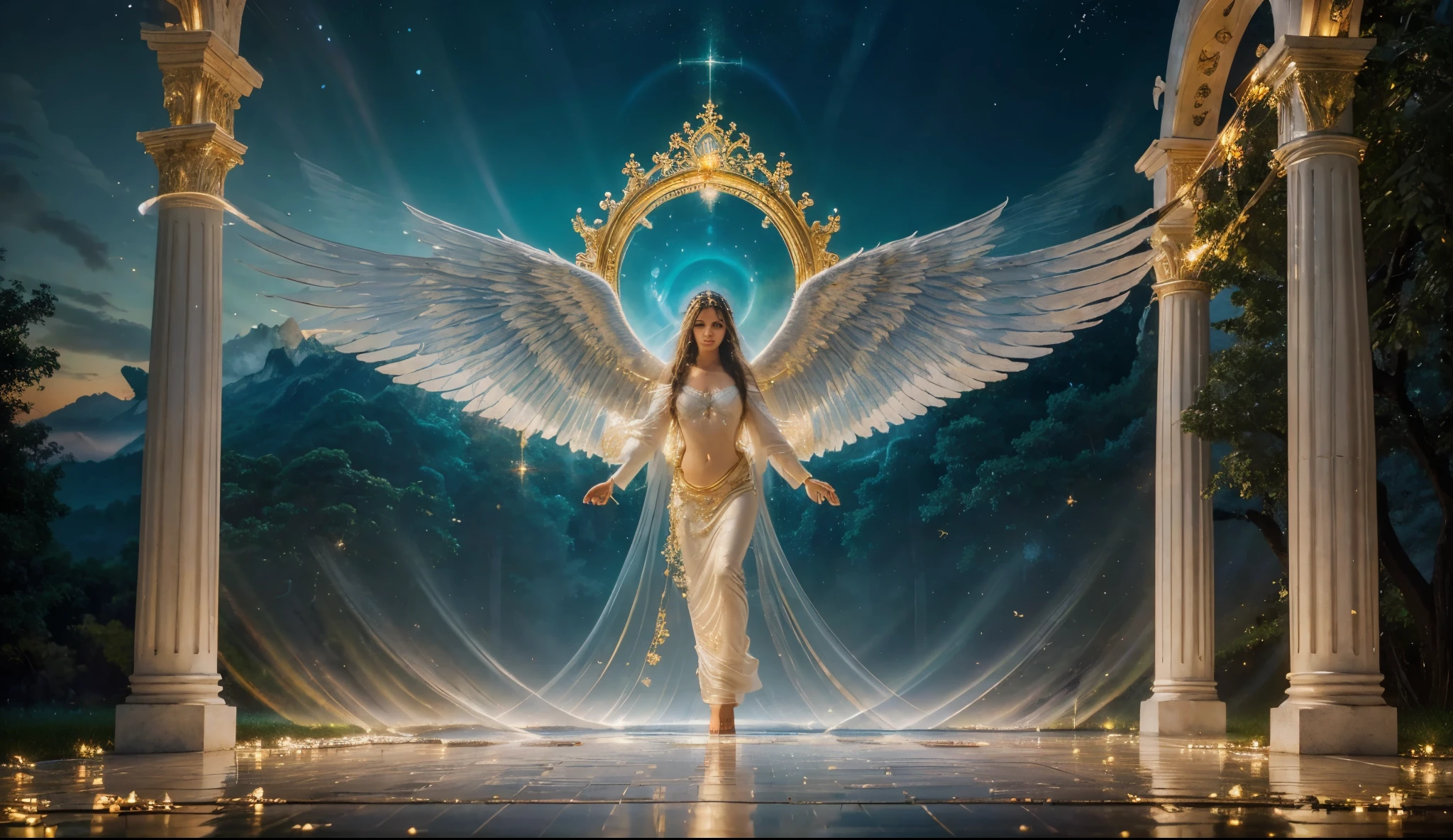 (best quality,4k,8k,highres,masterpiece:1.2),ultra-detailed,(realistic,photorealistic,photo-realistic:1.37),impressionist
,portrait,holy,glowing light,ethereal atmosphere,divine presence,wings,angelic beings,heavenly beings,majestic figures,flowing robes,serene expressions,golden halos,saints,harp,messenger of God,religious,spiritual,beauty,divinity,peaceful landscape,surreal elements,healing power,uplifting,tranquility,celestial,harmony,divine light,sacred place,illumination,hopeful,colossal,otherworldly ambiance,miraculous,luminous,dreamlike,colorful,soft brushstrokes,vibrant colors,enchanting scenery,warm undertones,serenity,seraphim,cherubim,heavenly music