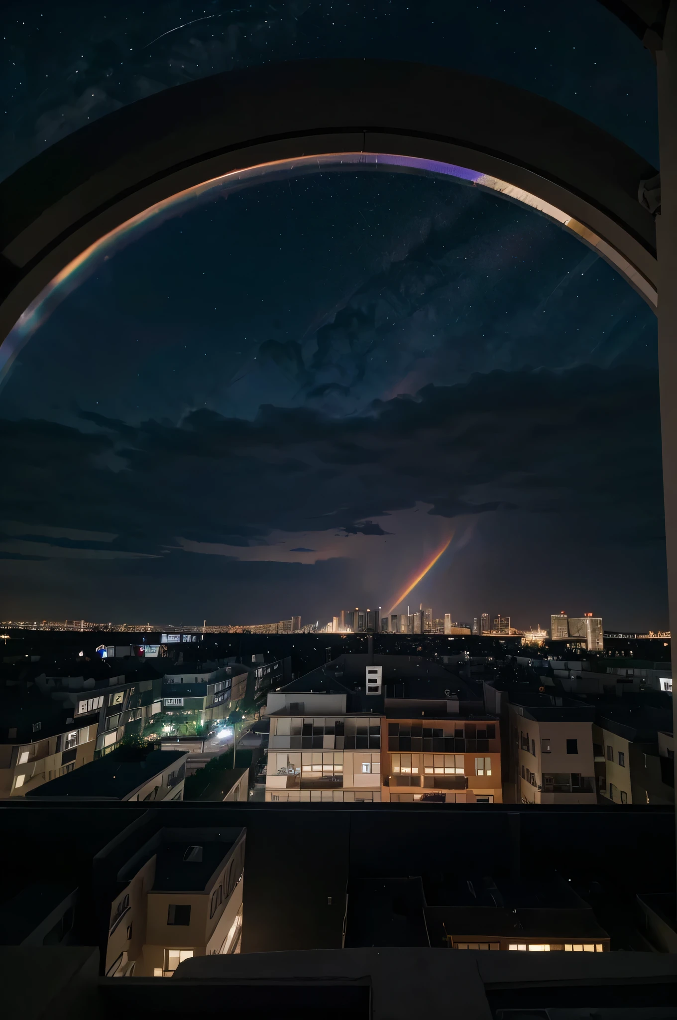 I am in an apartment in a building, on the top floor. I am watching the night sky with my girlfriend, from the balcony. There is a colourful rainbow visible in the dark sky with stars twinkling around. There is also traffic on the roads visible. 