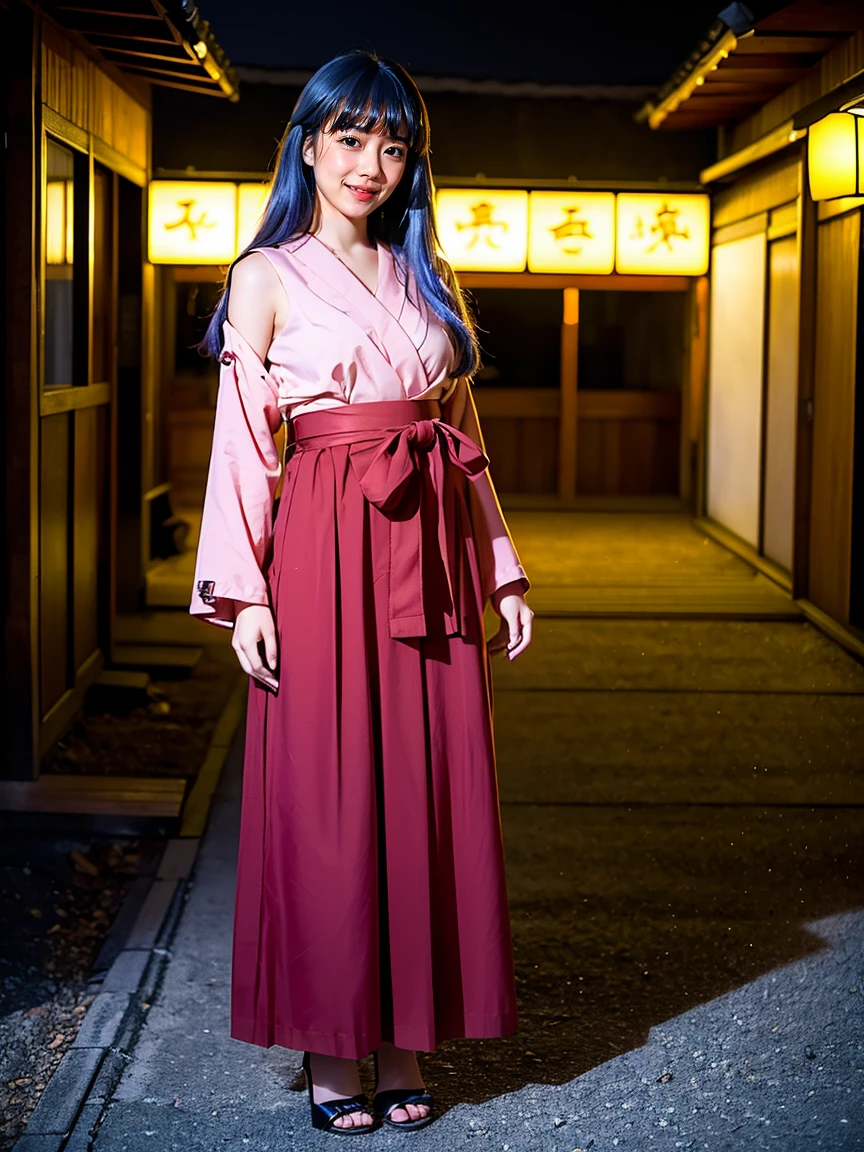 (1 lady), (Best quality at best:1.4), (ultra - detailed), (extremely detailed CG unified 16k), A Beautiful Woman: 1.4, Sharp Focus: 1.2, very detailed, High-definition RAW color photo, professional photoshooting, amazing face and eyes, (amazingly beautiful girl), ((furude rika, 25 years old girl)), ((japanese clothes, hakama, hakama skirt, detached sleeves, miko, skirt, red hakama)), standing, (japanese traditional village background), (look from down), realistic cinematic face, head to feet long wide zoomed out view, full body long view, photorealistic, ((realistic natural violet blue hair style, bangs, long hair, purple eyes, blush)), extremely beautiful face, perfect beauty, Highly Detailed Face and Skin Texture, Detailed Eyes, Double Eyelids, No Breasts, cleavages, western, (masterpiece), best quality, high resolution, extremely detailed, depth of field, cinematic lighting, high heels, clear and well-cared skin,