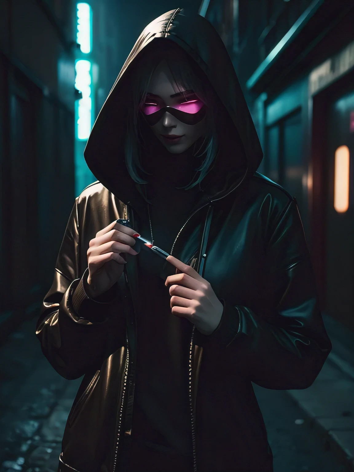 cyberpunk, hooded woman smoking an electronic cigarette,futuristic, sophisticated, back alley, HD, high quality, 4K, listic,shiny,action of smoking a cigarette,Mask,dystopia,realistic