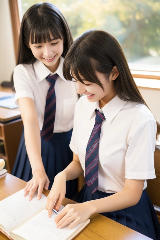 （masterpiece、high resolution、Sharp focus）、Wearing a short-sleeved white shirt、tie、I have a pen、1 notebook、These two volumes、cute、Japanese women、17 years old、Study at a desk、School classroom、Laughter、(Perfect Anatomy、Precise and beautiful hands and feet)、autumn&#39;s、