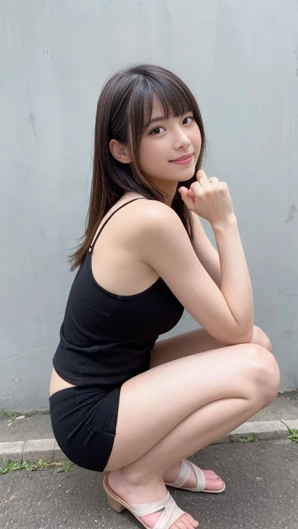 歩道でsquatpretty girl,(Flawlessレースのブラジャー、FlawlessTback、White or pink、Crouch down、Full body description、M-shaped splits、1.6)From belowのアングル,18-year-old,bangs,A small smile,Thighs,knees,From below,Random Pause,pretty girl,Slender girl,squat,