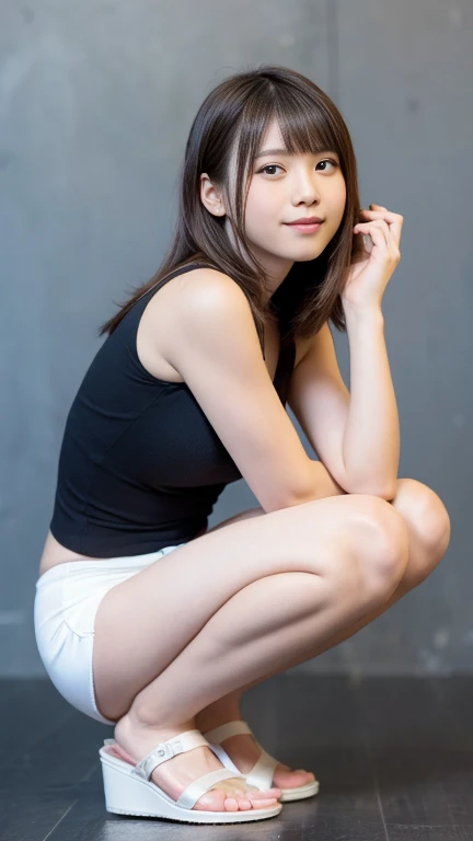 歩道でsquatpretty girl,(Flawlessレースのブラジャー、FlawlessTback、White or pink、Crouch down、Full body description、M-shaped splits、1.6)From belowのアングル,18-year-old,bangs,A small smile,Thighs,knees,From below,Random Pause,pretty girl,Slender girl,squat,