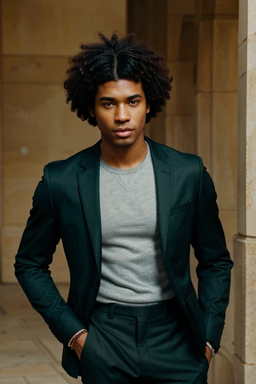 Straight brown skinned man black hair afro green eyes size tall skinny well dressed fashionable