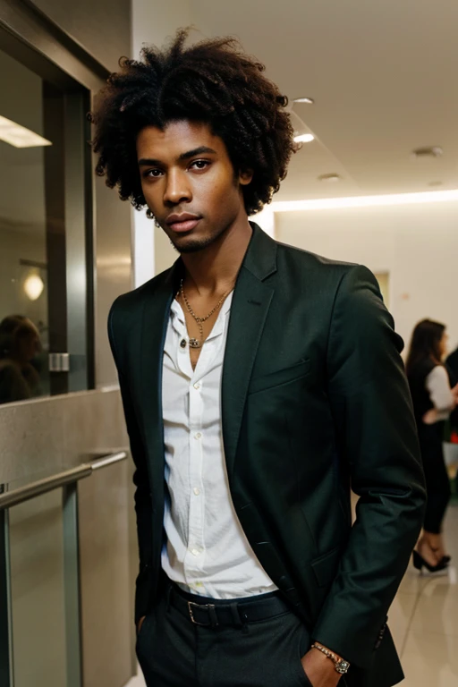 Straight brown skinned man black hair afro green eyes size tall skinny well dressed fashionable