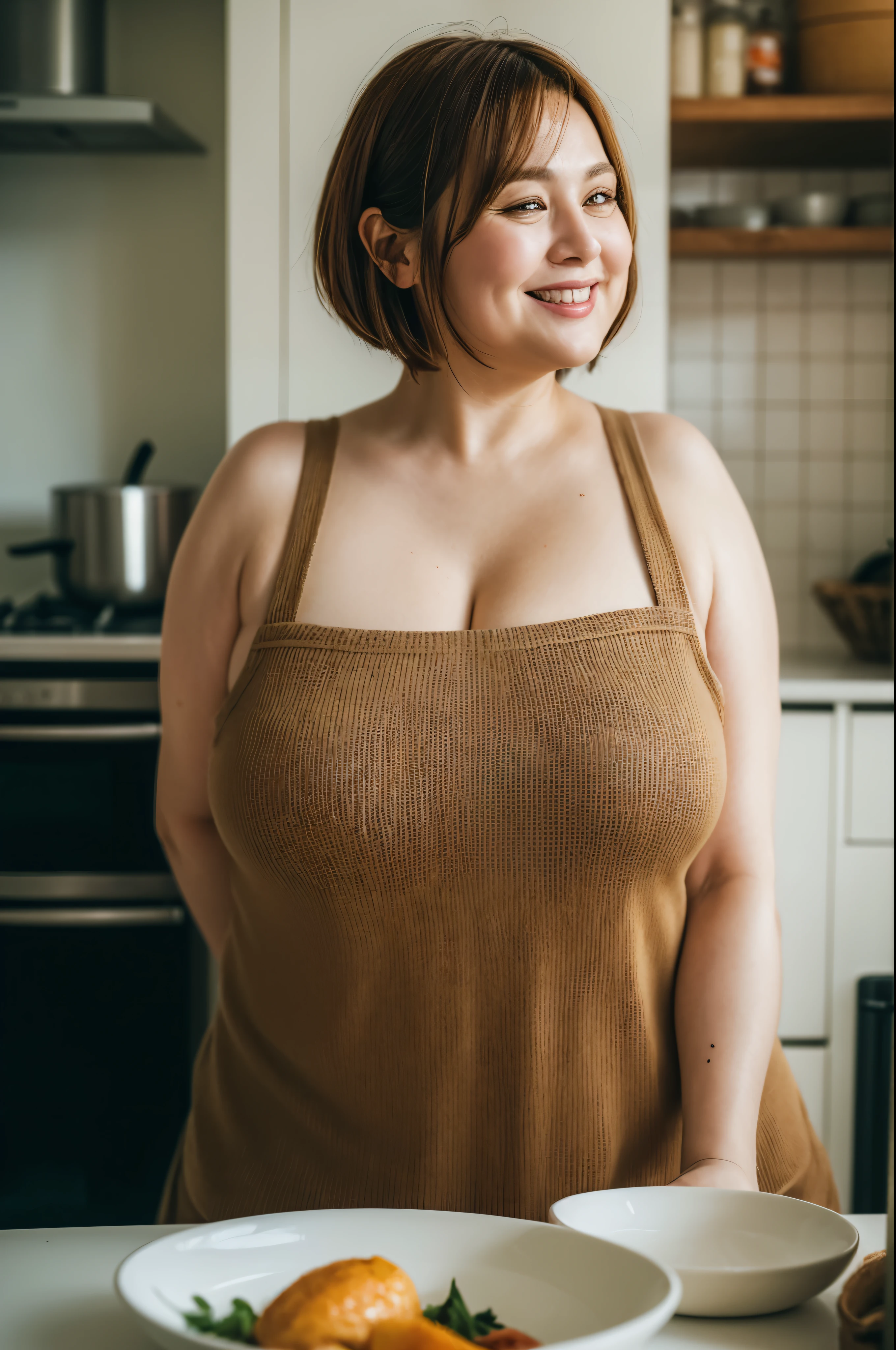 Foto RAW, Nordic Face, Looks like Julianne Moore, Highly detailed CG Unity 8k wallpaper, top quality, super detailed, masterpiece, realistic, photo realistic, very detailed cute girl, 45 years old, ((chubby lady:1.3)) , (plump lady:1.3)  , large breasts , cleavage  ,  round eyes, viewer,  smile, parted lips, half body shot  , naked apron , kitchen  , bangs , shoot from the side,(pele altamente detalhada: 1.2), 8k UHD, DSLR, soft-lighting, alta qualidade, grain of film, Fujifilm XT3