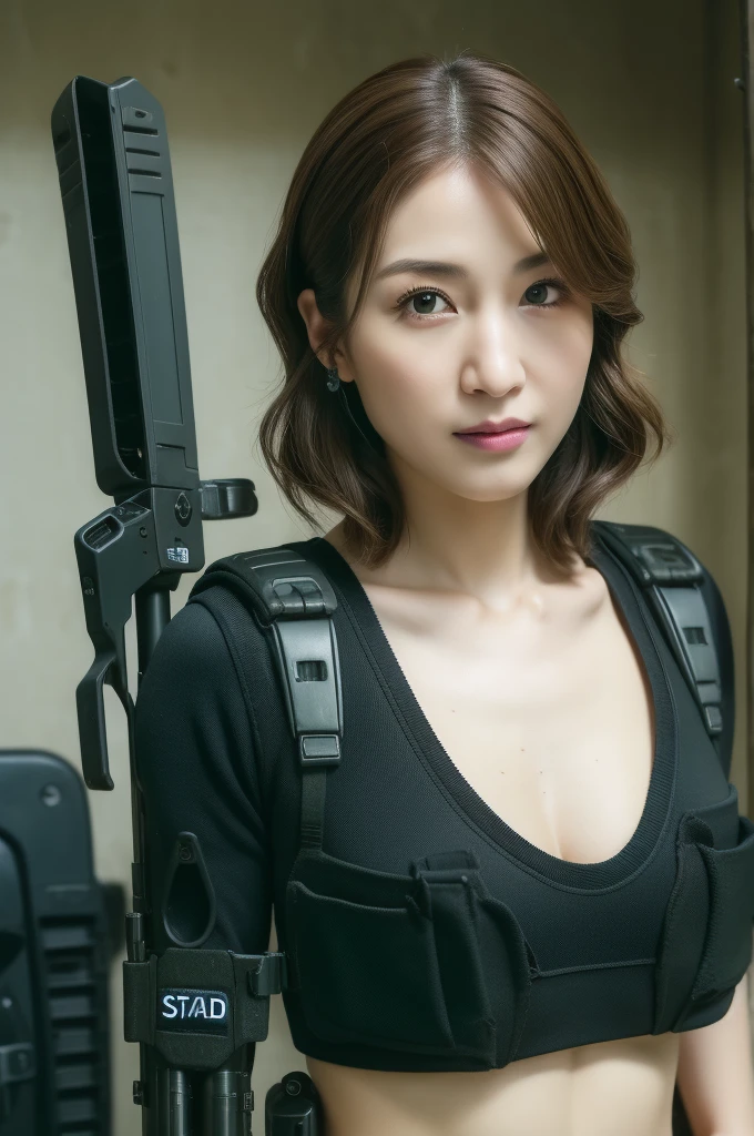 Crisp image quality,highest quality, masterpiece, High resolution, Realistic, RAW Photos, 8k wallpaper, perfection, Professional Lighting, Very detailed, Written boundary depth,Cowboy Shot、 ((One beautiful woman)), Beautiful Face、beauty、33 years old,Beautiful Eyes, (((SWAT team equipment:1.45))), Cleavage、Shapely small breasts, Light brown wavy hair, short hair,Muscular,belly button,(sexy)