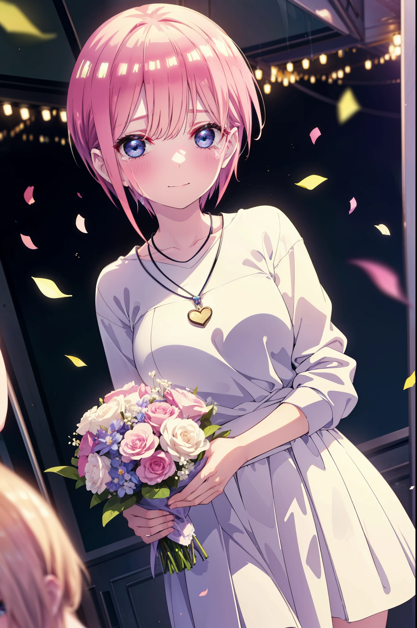 ichikanakano, ichika nakano, short hair, bangs, blue eyes, Hair between the eyes, smile,Pink Hair,,smile,blush,白色No sleeveドレス,Long skirt,White stiletto heels,No sleeve,naked,nakedの腕,nakedの首,nakedの鎖骨,holding a large bouquet of flowers in each hand,Locket Necklace,Confetti,There is a birthday cake on the table,Tears stream down her face,Sad and crying,Cry a lot,So that the whole body goes into the illustration,
break indoors, on stage,venue,
break looking at viewer, (Cowboy Shot:1.5),
break (masterpiece:1.2), highest quality, High resolution, unity 8k wallpaper, (shape:0.8), (Beautiful details:1.6), Highly detailed face, Perfect lighting, Highly detailed CG, (Perfect hands, Perfect Anatomy),