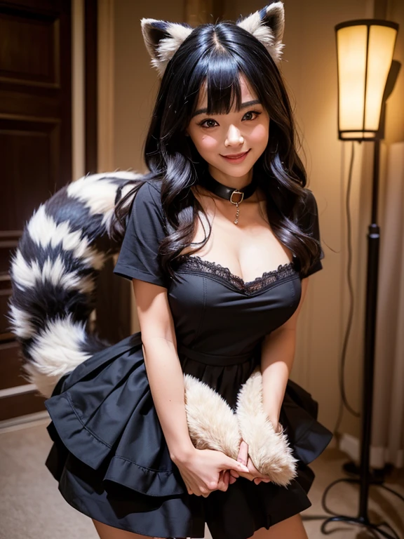 ((highest quality, 32k)), ((masterpiece)), (Get used to it), Perfect Face, Raccoon Girl, Beautiful woman, public, Has a tail, She has a fox tail, She wags her fluffy tail, smile, Dog collar, She is wearing a dress, Beautiful hip line, A tail protruding from the dress skirt, Large Breasts
