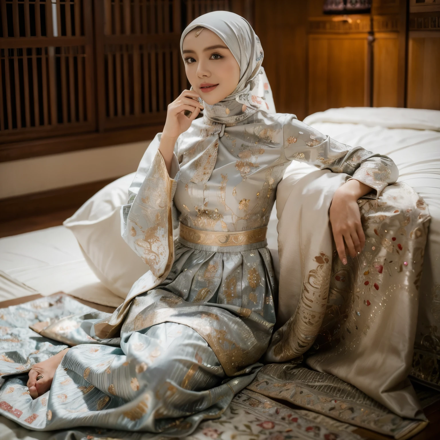 Best quality, masterpiece, realistic photos, intricate details, original photos, wearing traditional baju kurung, ultra-detailed, detailed faces, detailed skins, trends on artstation, 8k masterpieces, cinematic lighting, ((1girl)), ((solo)), rounded chest, slim and slender body, long hijab, eid mubarak in malay village, half body