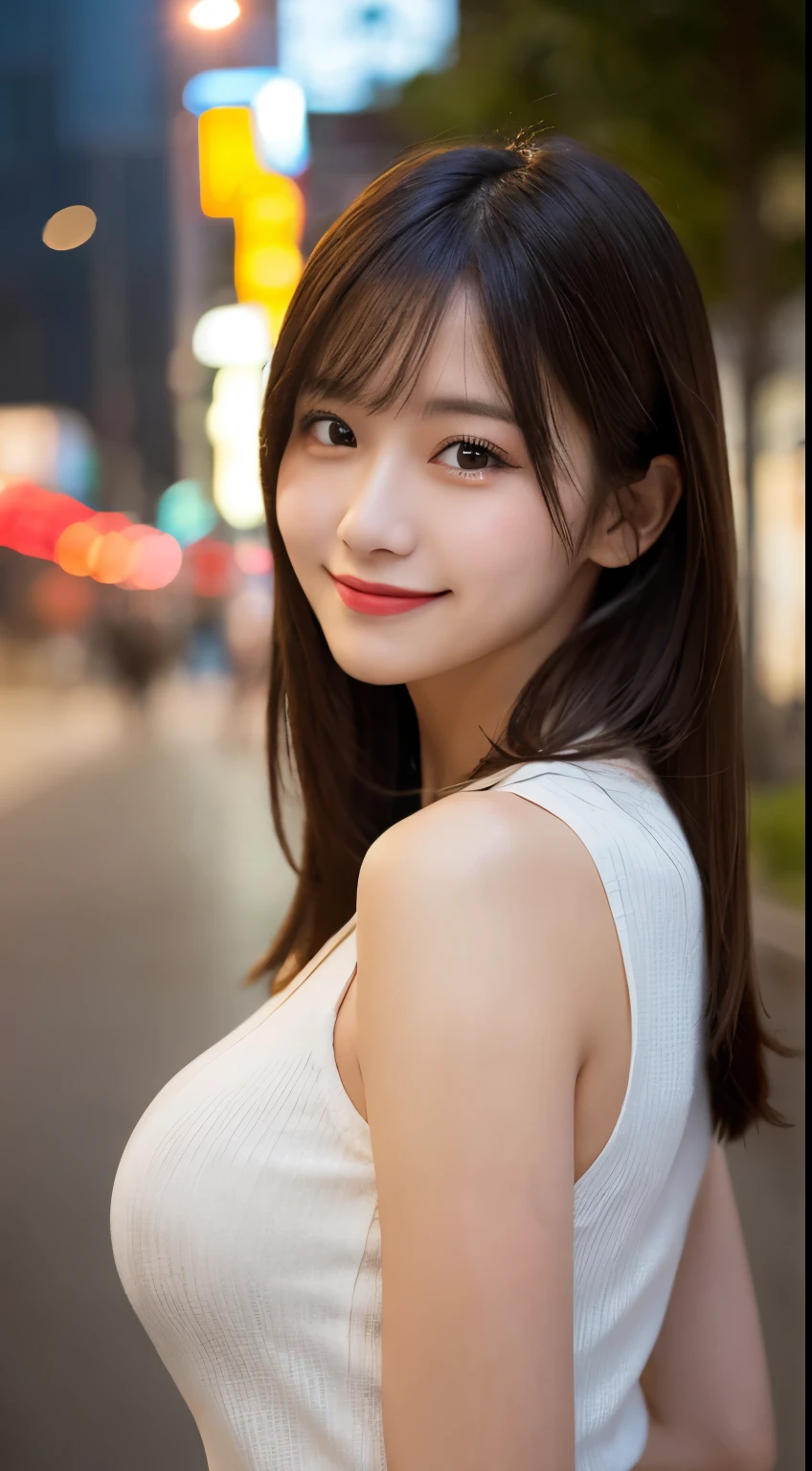 whole body, highest quality, shape, Very detailed, finely, High resolution, 8k, 完璧なダイナミックな構shape, finelyて美しい目, Landmine Fashion,Medium Hair, Center of chest, Natural color lip, Random sexy poses,smile,City of night,Large Breasts,Cute Girlfriend,