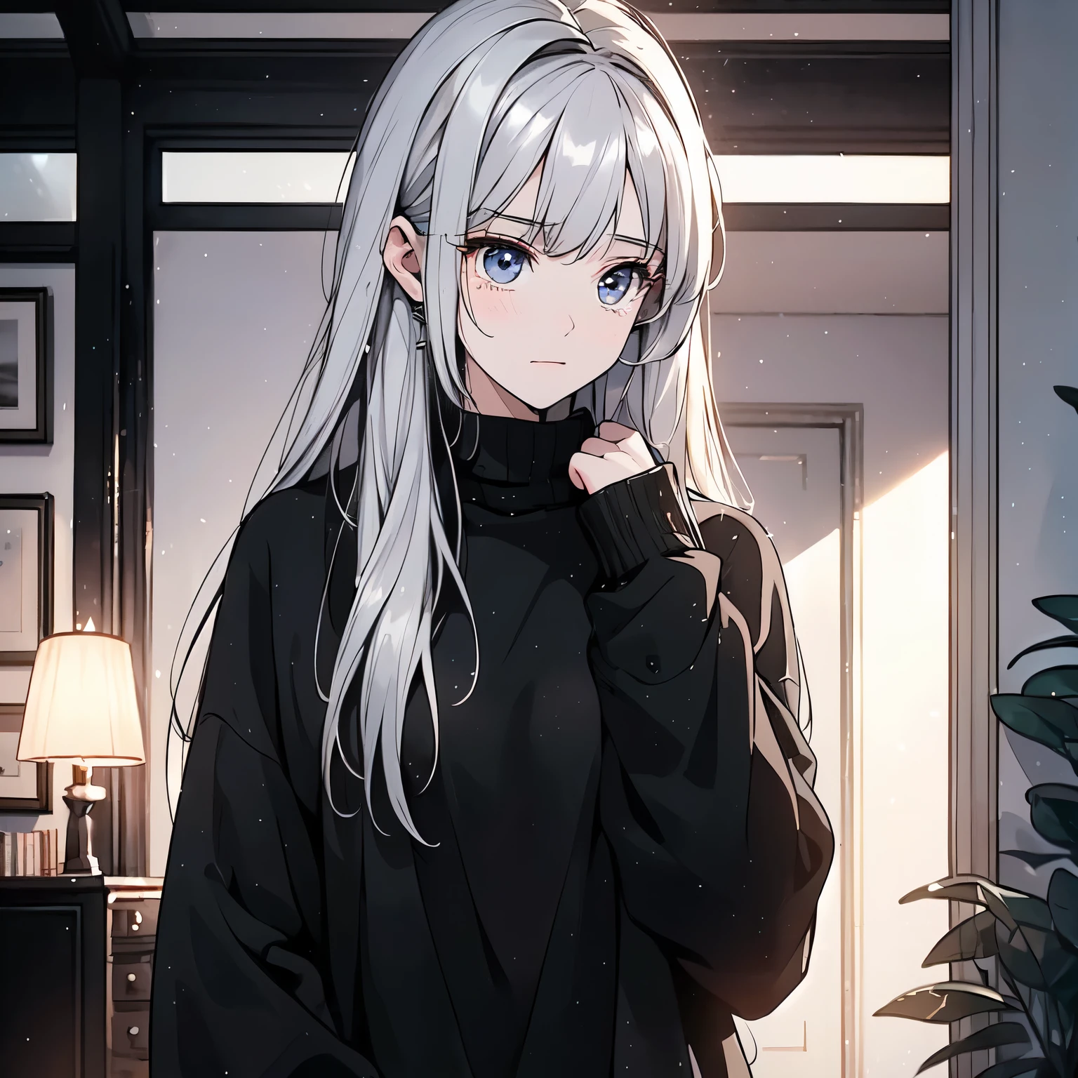 A white hair,20-year-old girl in a black sweater,Standing in the living room of the house,Sad expression,Laugh and cry,Tears(Upper body display:1.5)(cinematic lighting:1.5))(ultra-high detail:1.5)(best quality:1.5)