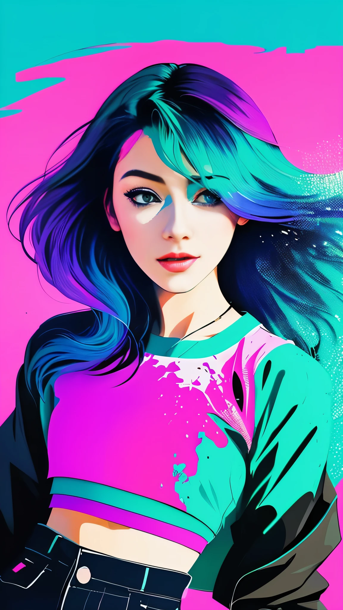 samdoesarts style award-winning half body portrait of a beautiful woman in a croptop and cargo pants, with an ombre navy blue teal hairdo in motion, hair flying, and paint splashes and splatters. This captivating digital artpiece showcases the vaporwave aesthetic with outrun influences, creating a shaded flat illustration that is both trending on ArtStation and highly detailed. The fine detail and intricate shading bring this beautiful figure to life, making it a true masterpiece in the world of digital art.