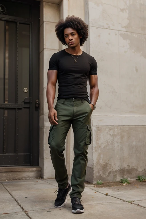 Straight brown skinned man black hair afro green eyes size large skinny cargo pants 