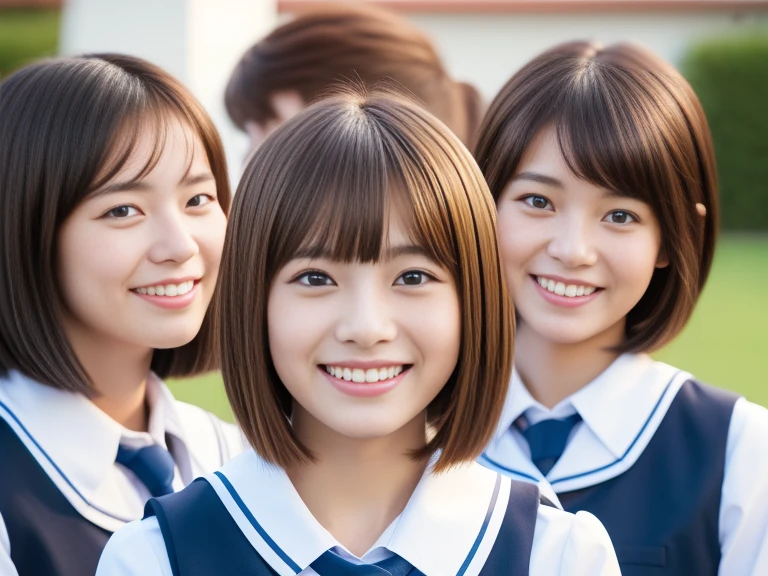 (short hair:1.2), (大きなsmile), Beautiful Face, Great face and eyes, delicate, (highest quality:1.4), (Very detailed), (extremely detailed Beautiful Face), (Princess Haircut Style), かわいいsmile, Brown eyes, (Very detailedBeautiful Face), (Short-sleeved uniform:1.3), (Very detailed CG 統合 8k 壁紙), Very detailed, High-resolution RAW color photos, Professional photography, Realistic portraits, evening, Very high resolution, smile, Modern, trend, fashionable, Group photo of high school girls, Face close-up, School, classroom, Laughter,