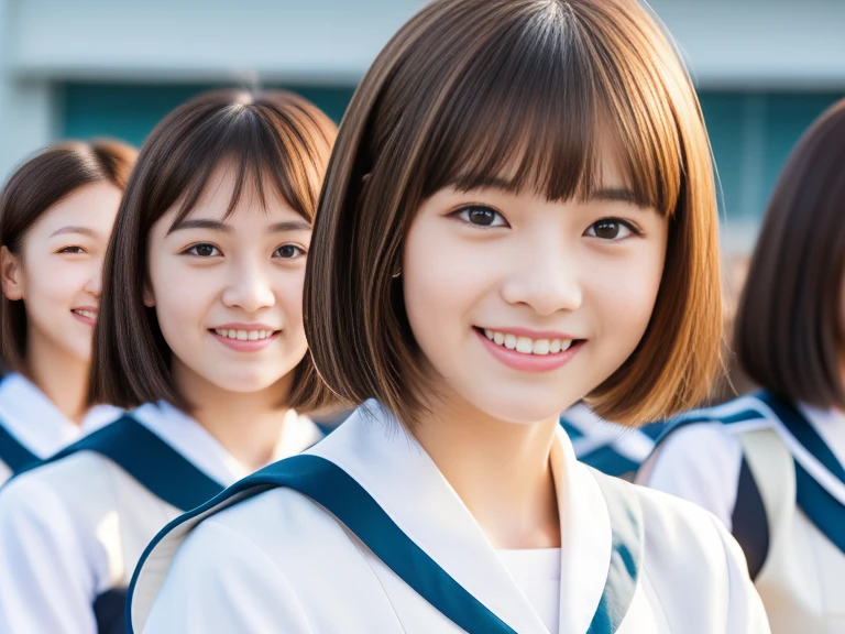 (short hair:1.2), (大きなsmile), Beautiful Face, Great face and eyes, delicate, (highest quality:1.4), (Very detailed), (extremely detailed Beautiful Face), (Princess Haircut Style), かわいいsmile, Brown eyes, (Very detailedBeautiful Face), (Short-sleeved uniform:1.3), (Very detailed CG 統合 8k 壁紙), Very detailed, High-resolution RAW color photos, Professional photography, Realistic portraits, evening, Very high resolution, smile, Modern, trend, fashionable, Group photo of high school girls, Face close-up, School, classroom, Laughter,