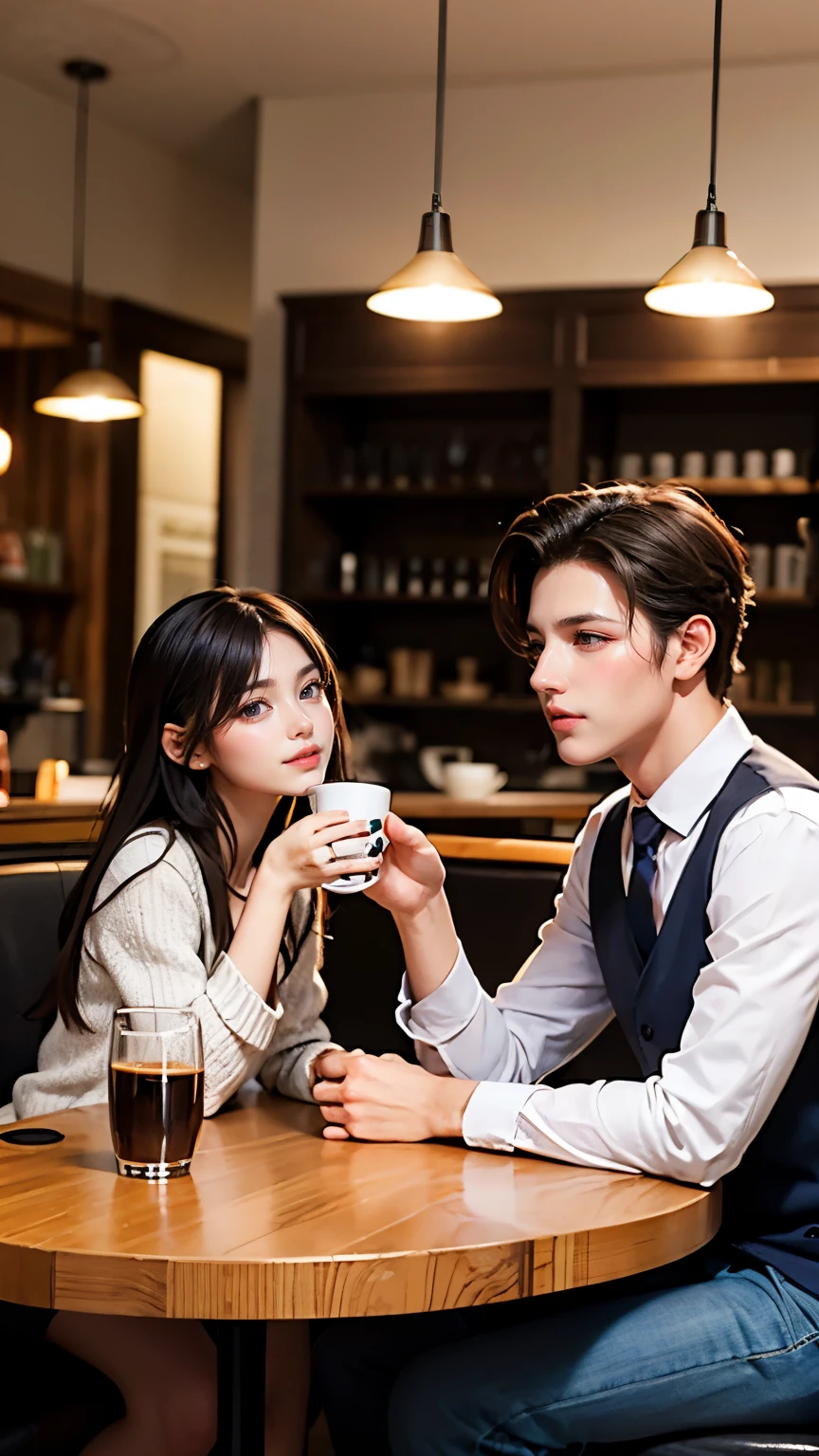 Beautiful man and woman drinking coffee in a cafe
