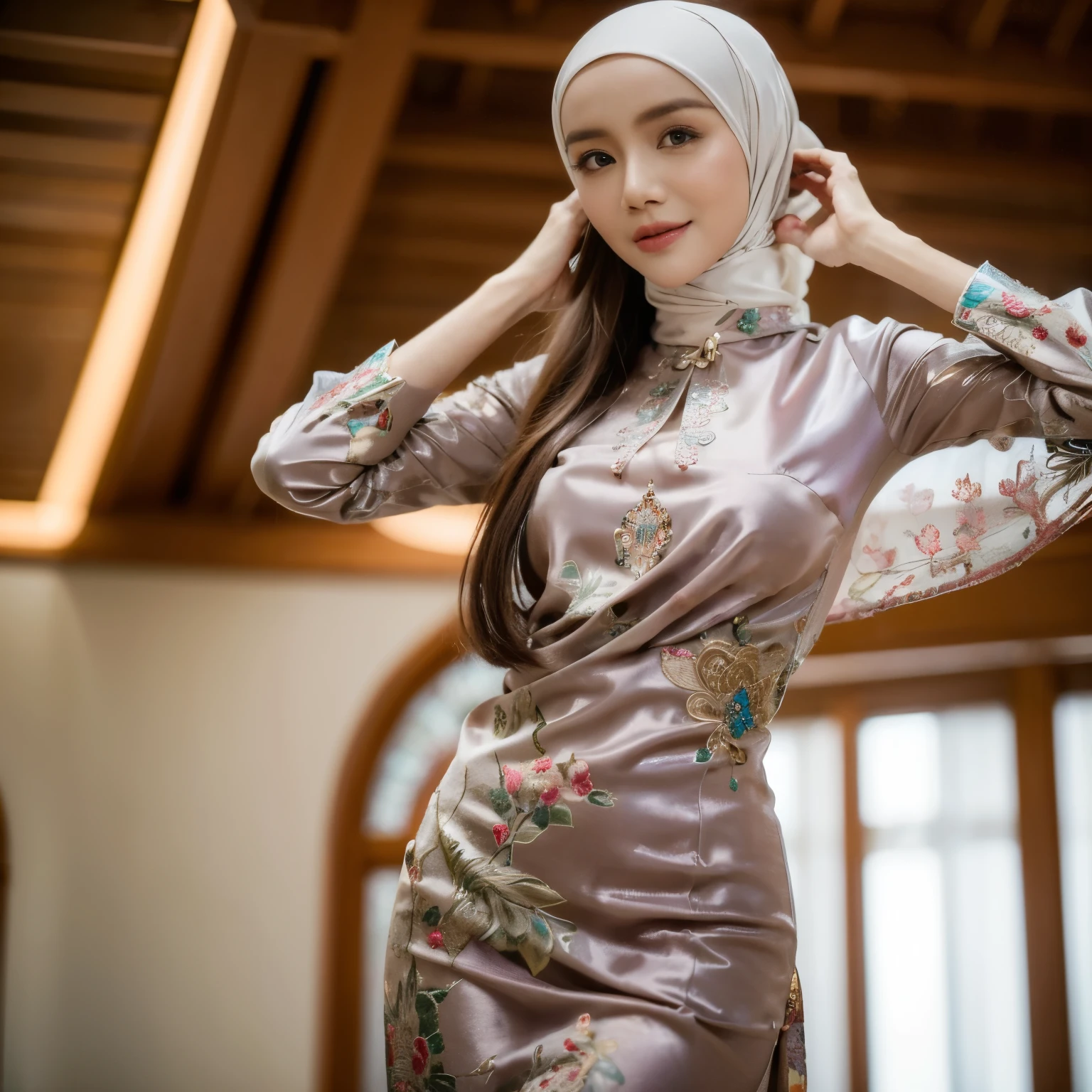 Best quality, masterpiece, realistic photos, intricate details, original photos, wearing traditional baju kurung, ultra-detailed, detailed faces, detailed skins, trends on artstation, 8k masterpieces, cinematic lighting, ((1girl)), ((solo)), rounded chest, slim and slender body, long hijab, eid mubarak in malay village, half body