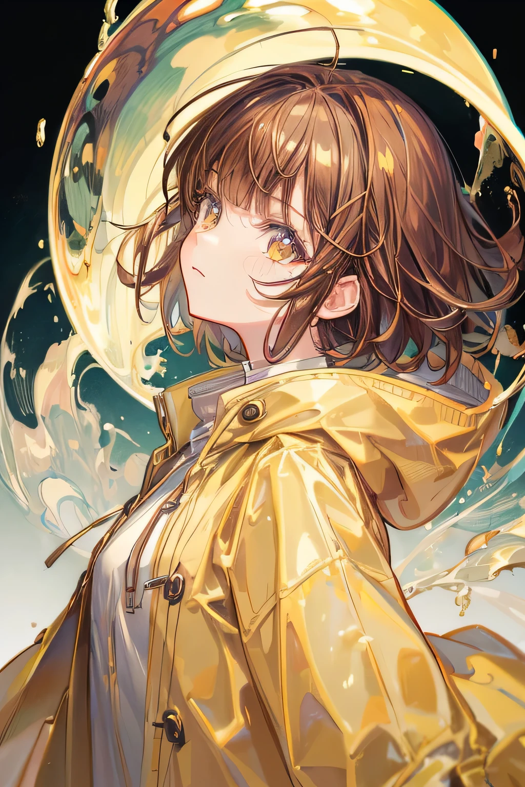 (tmasterpiece), (Best quality at best), (ultra - detailed),(illustratio), (1 person), Permanent, A fashion model, looking at viewert, (Interview), (detailedbackground), exquisite and beautiful face, floating,(high saturated),1 girl, brown short hair with bang,yellow raincoat,((very small breats!!!!))