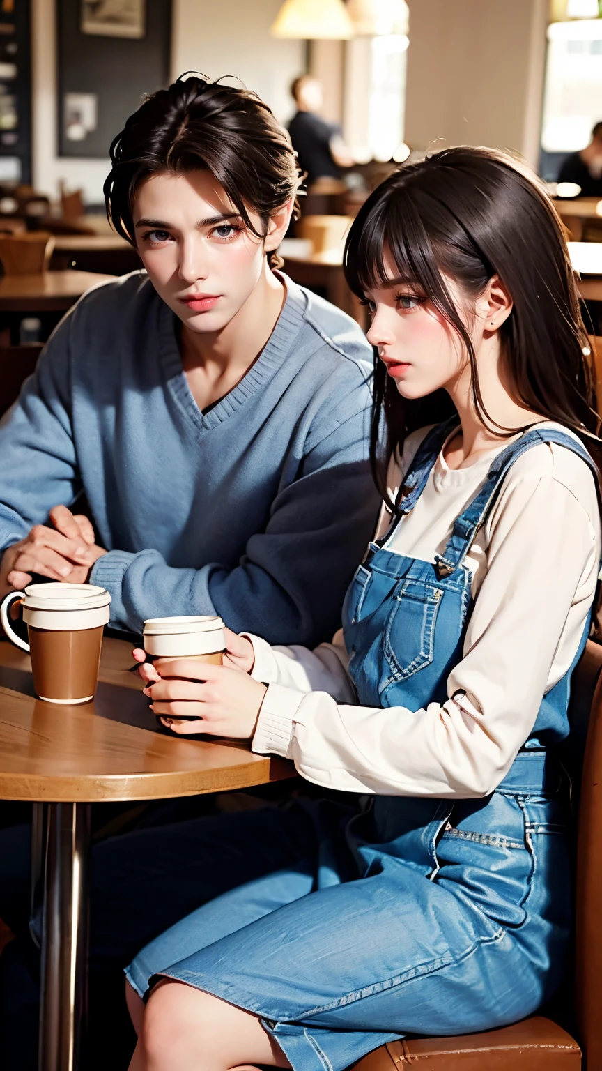 Beautiful man and woman drinking coffee in a cafe