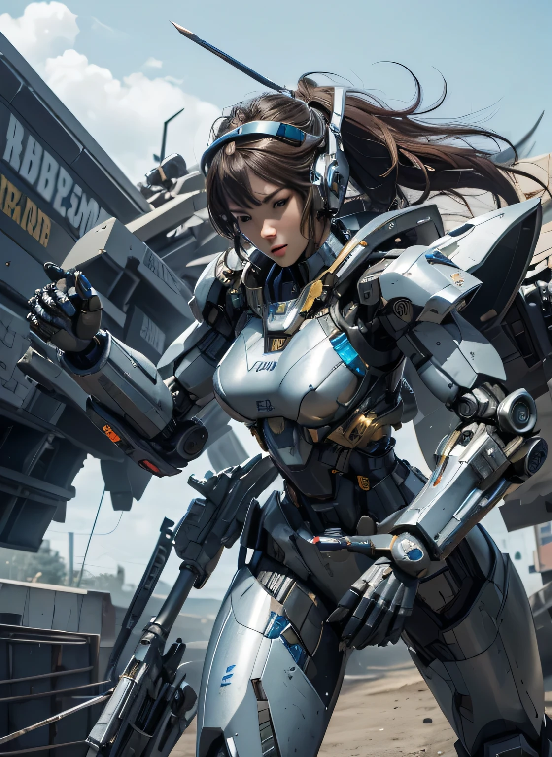 textured skin, Super Detail, High Detail, high quality, best quality, high resolution, 1080p, Hard Drive, fair,(Robot beautiful robot woman,Mech Robot Girl,Battle Mode,Mecha Girl,She was wearing a combat suit with weapons