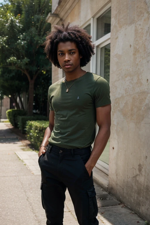 Straight brown skinned man black hair afro green eyes size large skinny cargo
