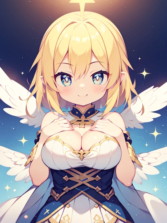 (Angel Girl:1.2), (1 person:1.2),(10 year old girl)、Young girl、Big Breasts、 Hmph、Shaders、Highly detailed eyes、Big Breasts、loose fluffy short hair、Side bust、Shiny cleavage、blonde、Angel Wings、Silky Hair、Angel clothing(White thin fabric、Plain、mini skirt、Plainのシルク手袋)、Very complex pupils、highest quality、Bright colors、Bust 100、rests、Game portrait、Stir the composition、Composition looking up from below、Lift your with your hands、Poses that accentuate the chest、Cross your arms、Grinning expression、eyes half closed、Open your mouth、Stink Eye、Evil Face、A strong smile、Clasp your hands behind your back、Hide your hands、Wicked Smile、whole body、美新new、god々new