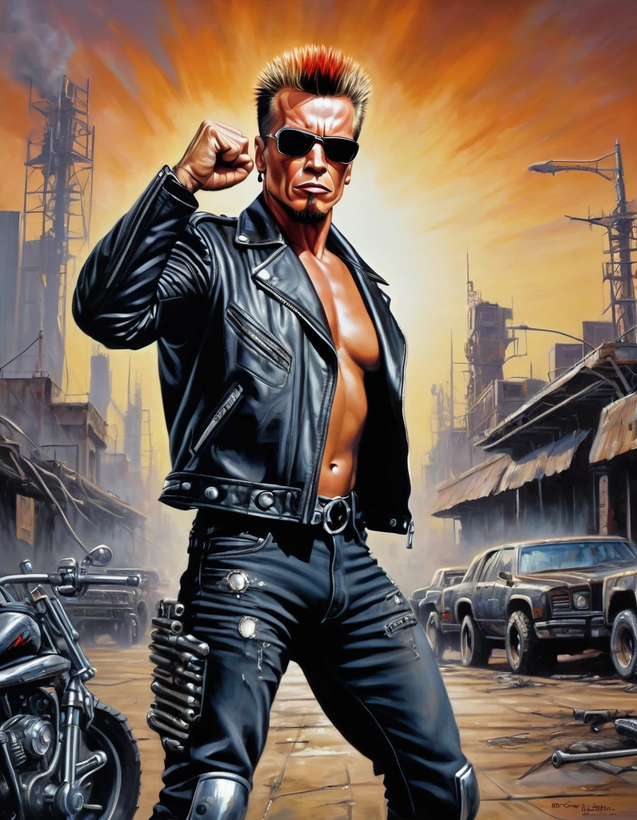 (((26 years old fit and burly body builder short bearded Punk Rock Terminator Cyborg))) [Arnold Schwarzenegger:Billy Idol:0.45] with his iconic hairstyle and spiked leather jacket, raises his fist to the sky to show his rebellion to the world, dystopian scene in background, ultra sharp and crisp, oil on canvas painting in Don Lawrence art style
