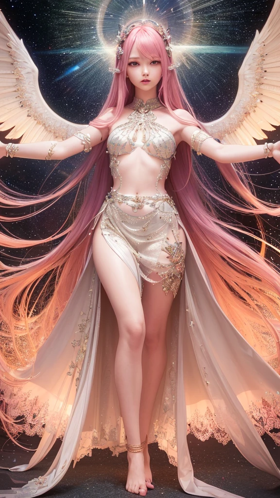 ((Mastepiece))、((Best Quality))、high quality、High definition、High resolution、High detail、(Purgatory Background)、Full Figure、whole body、Lens flare、Ray Tracing、Side light、high qualityなshadow、high qualityなテクスチャ、Detailed texture、Beautiful details、(Beautiful delicate face with details、Detailed beautiful delicate eyes、Perfect Facial Proportions、Detailed skin、Charm、Realistic and colorful)、((Slender beauty)) 、(Intricate detailakeup、Pure Eros Face)、Pink hair color、Beautiful bangs、Detailed chest、Large upward-facing breasts、Beautiful feet、Detailed fingertips、Raise your arms、See-through、uniform