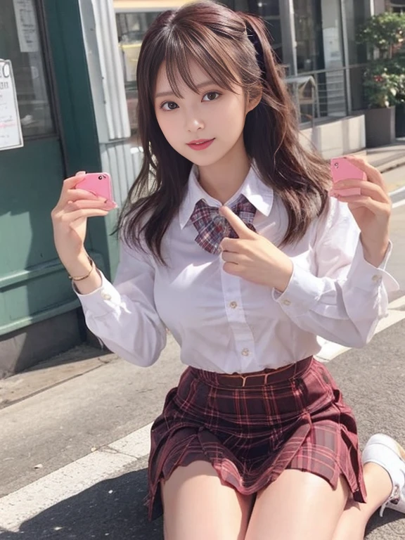 Japanese Girls、Girls in their 20s、Flawless体型、(Flawlessレースのブラジャー、FlawlessＴback、White or pink、Panty shot、Crouch down、Full body description、M-shaped splits、Front facing the viewer 1.6）Transparency、Big Breasts、Tartan Check Skirt、Light blue shirt、Fiery idol pose、Sensual look、Shiny thighs