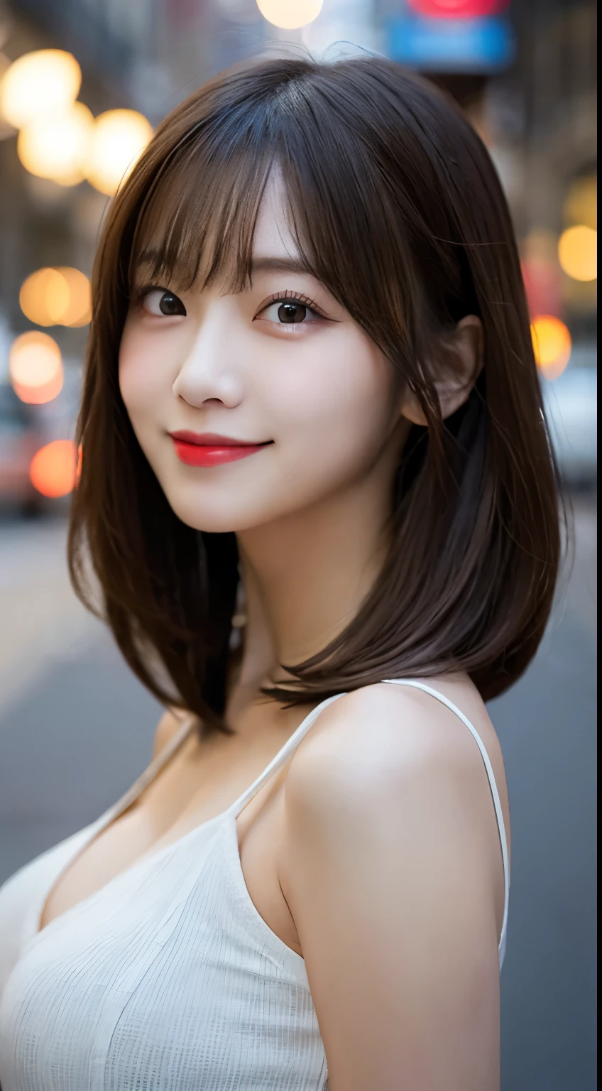 whole body, highest quality, shape, Very detailed, finely, High resolution, 8k, 完璧なダイナミックな構shape, finelyて美しい目, Landmine Fashion,Medium Hair, Center of chest, Natural color lip, Random sexy poses,smile,City of night,Large Breasts,Cute Girlfriend,