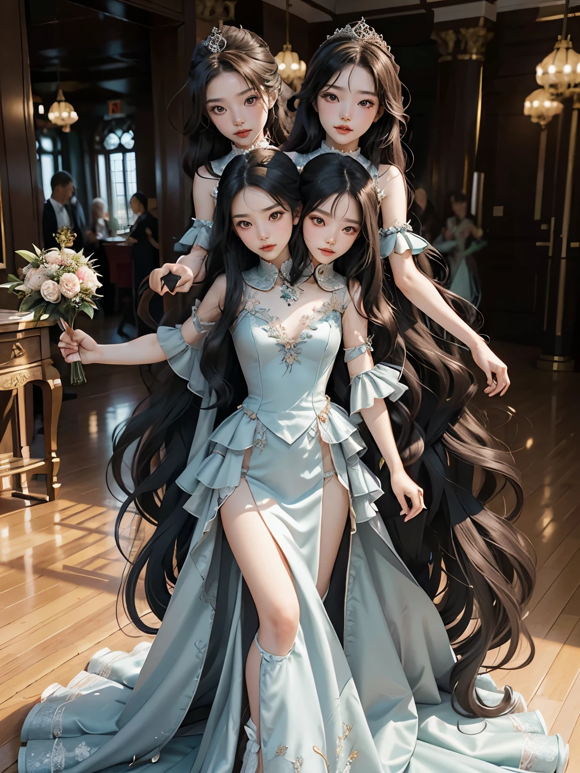 bestresolution, (2heads:1.2), old women, old korean women, extremely long hair, queens, princesses, tiaras on head, ballgown, princess dress, large dress, in a ballroom, large hair, extremely long hair, head in wind