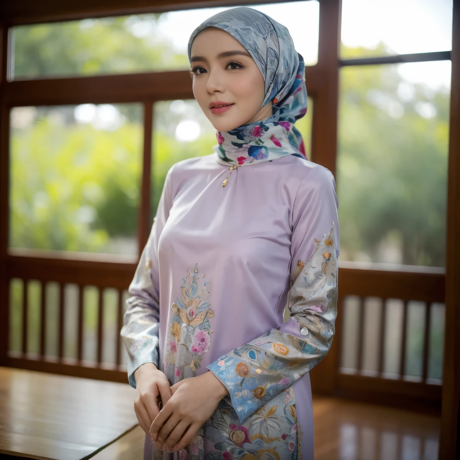 Best quality, masterpiece, realistic photos, intricate details, original photos, wearing traditional baju kurung, ultra-detailed, detailed faces, detailed skins, trends on artstation, 8k masterpieces, cinematic lighting, ((1girl)), ((solo)), rounded breast, slim fit body, long hijab, eid mubarak in malay village, half body