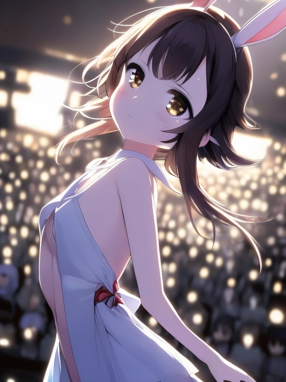 (Tabletop.highest quality).(Dynamic Low Angle、Hair blowing in the wind、Fluttering Dress、beautiful spotlight). (CG paintings with impressive detail),(A perfect image).(Idol Live、Idol Song、Proud of the costume、Presenting to the audience)、Comic Strip.shape.1 girl.Detailed face、Kirara Jump、Perfect body.(Child body type、Small breasts、Thin chest)、Beautiful thighs、Beautiful belly、Perfect Face.Delicate face、Raise your arms、Proudly、Pull your chin in、Traditional Necklace、A girl wearing a shining, luxurious idol dress、Overexposure、(Beautiful fashion that shows off belly and bare legs)、Breast flash、Rough skin、Long Hair、(Bunny ear girl)Bunny ear girl、((Beautiful brown eyes)).Delicate and beautiful eyes、Beautiful eyes with light、Shiny Hair、Reflected Eyes、Embarrassingly.(Looking at the audience:1.3).(Red face:1)、8k wallpaper、Bold full shot、reflected light、Most detailed、Complex、Delicate background、Rough skin、Fine skin、(Super Resolution)、mini skirt、Chirarizum、(whole body、美しいwhole body像、 body type)