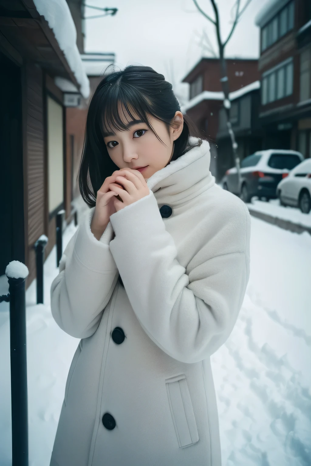 (Great masterpiece、high-level image quality、hightquality),(A Japanese Lady、Cute with good looks、25-years old)、(The psychology of a woman in anguish and despair、Even the cold of winter chills、kou)、(Exhale breath white、Stand up with a bang、takeout)、(Perfect and complete anatomy、Perfect and beautiful limbs)、(Winter Outfit、Solitude)、Snow flutters、Cloudy sky、Sniffing in a corner of the city、professional photograpy、Spiritual imagery、Love and sadness、