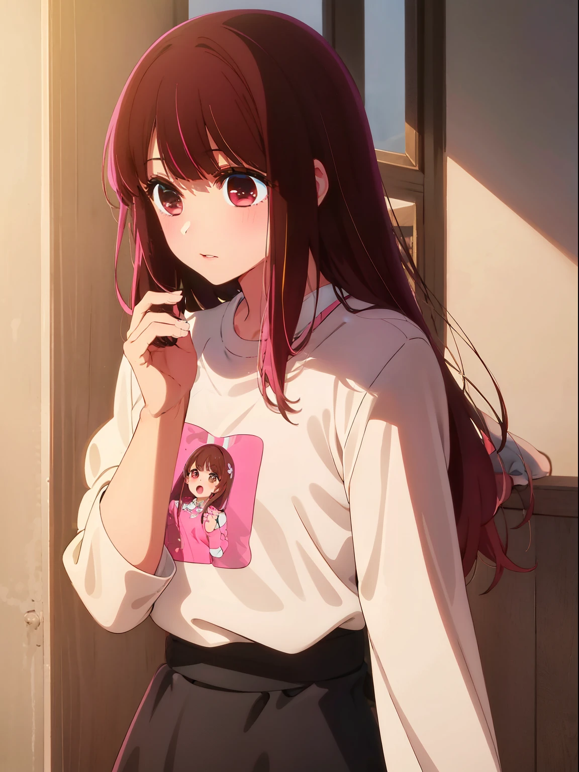 Girl, long brown hair, brown eyes, sharp features, white skin, pink lips, t-shirt with sleeves