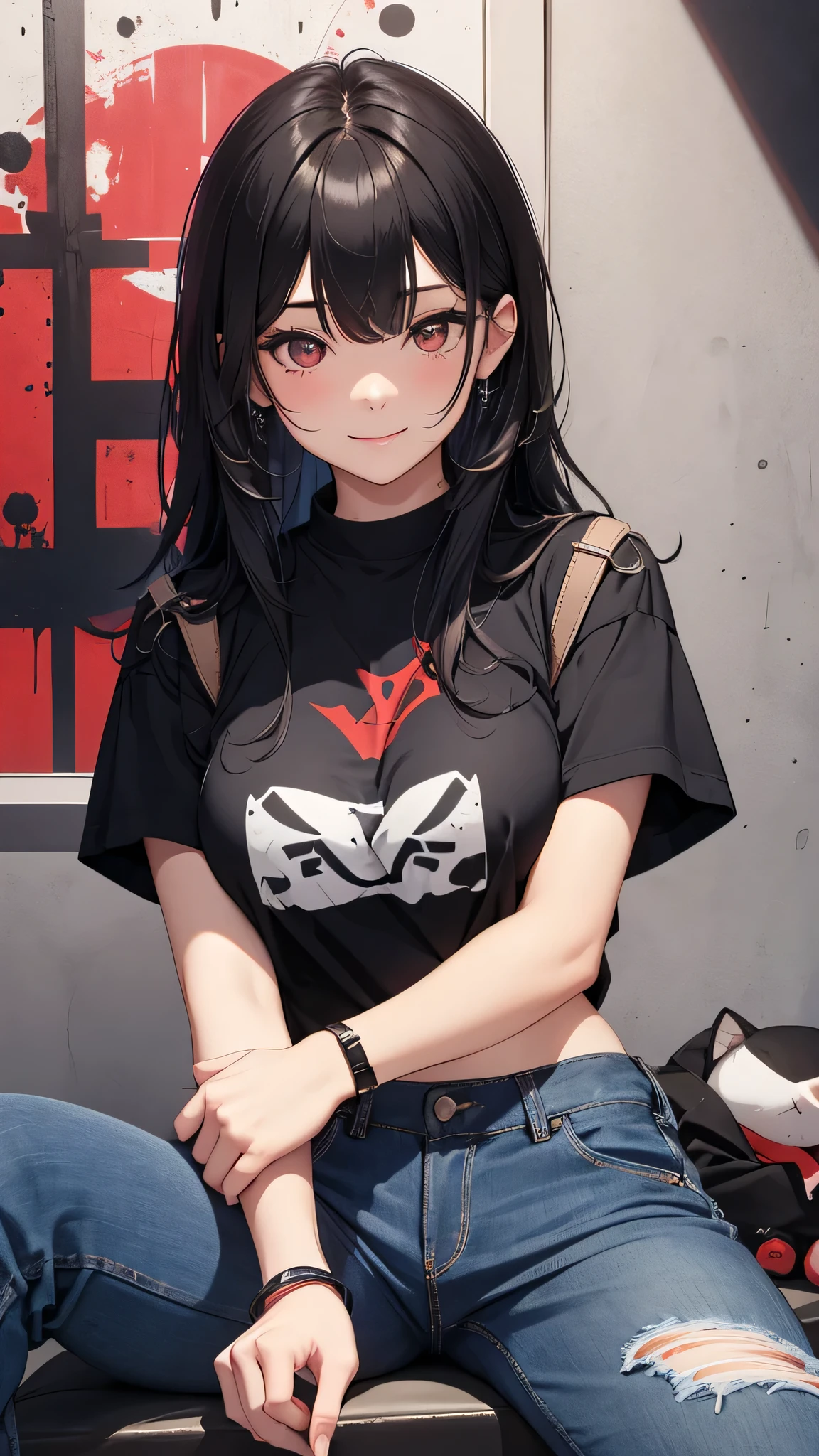 最high quality、Best image quality、masterpiece、girl((18-year-old、 By becoming、Best Bust、Medium Bust,Wide open breast tea、Red glowing eyes,Black Hair、Red Mesh、Disheveled Hair、Lointail、thin,The highest valley、Open chest、Luminous Wristbands、hair ornaments、Show the whole body,Black short sleeve T-shirt、Carry a shoulder bag、Short denim trousers、sit、sitting cross-legged、Leaning forward、smile)),high quality、Beautiful art、background((Black Room、Black Wall、Black furniture、Big black TV、Black PC、red paint))、Flight、Flying debris、Written boundary depth、movie、Visual Arts、Perfect art、8K,Genuine,