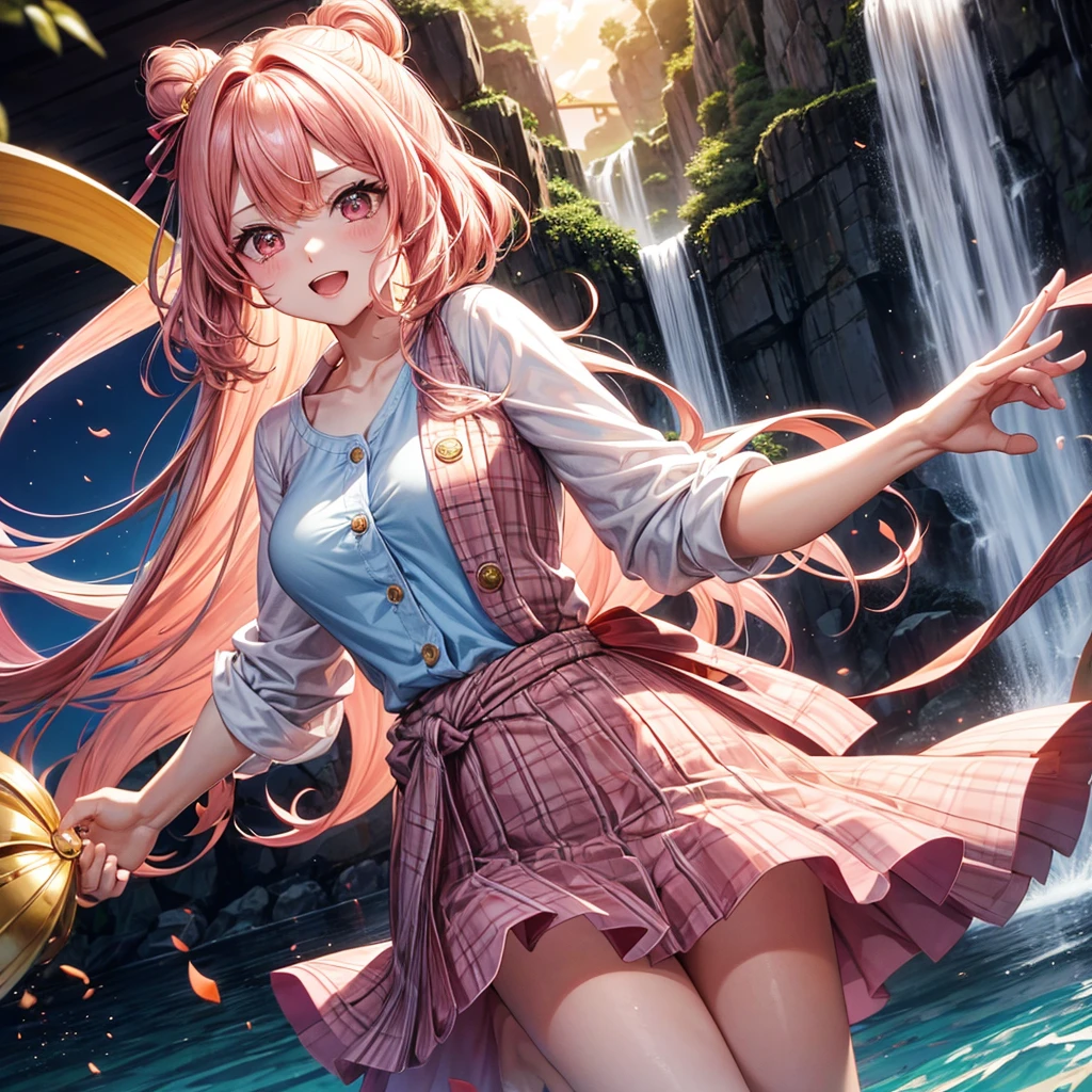 Pink gold golden hair、Red eyes、One good looking girl、solo、anime、Checkered mini skirt、The skirt has buttons、one piece、Blue camisole、White T-shirt、Jin、Wearing a ribbon、Ribbon on waist、Tilting face、Teeth are visible、waterfall、waterfallの裏側、tunnel、Sunset sky、It's exploding