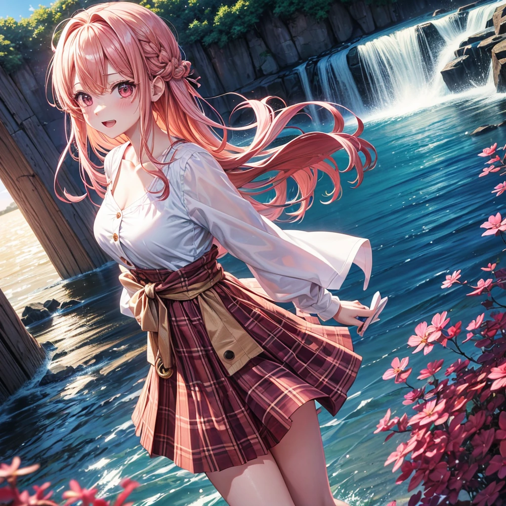 Pink gold golden hair、Red eyes、One good looking girl、solo、anime、Checkered mini skirt、The skirt has buttons、one piece、Blue camisole、White T-shirt、Jin、Wearing a ribbon、Ribbon on waist、Tilting face、Teeth are visible、waterfall、waterfallの裏側、tunnel、Sunset sky、It's exploding