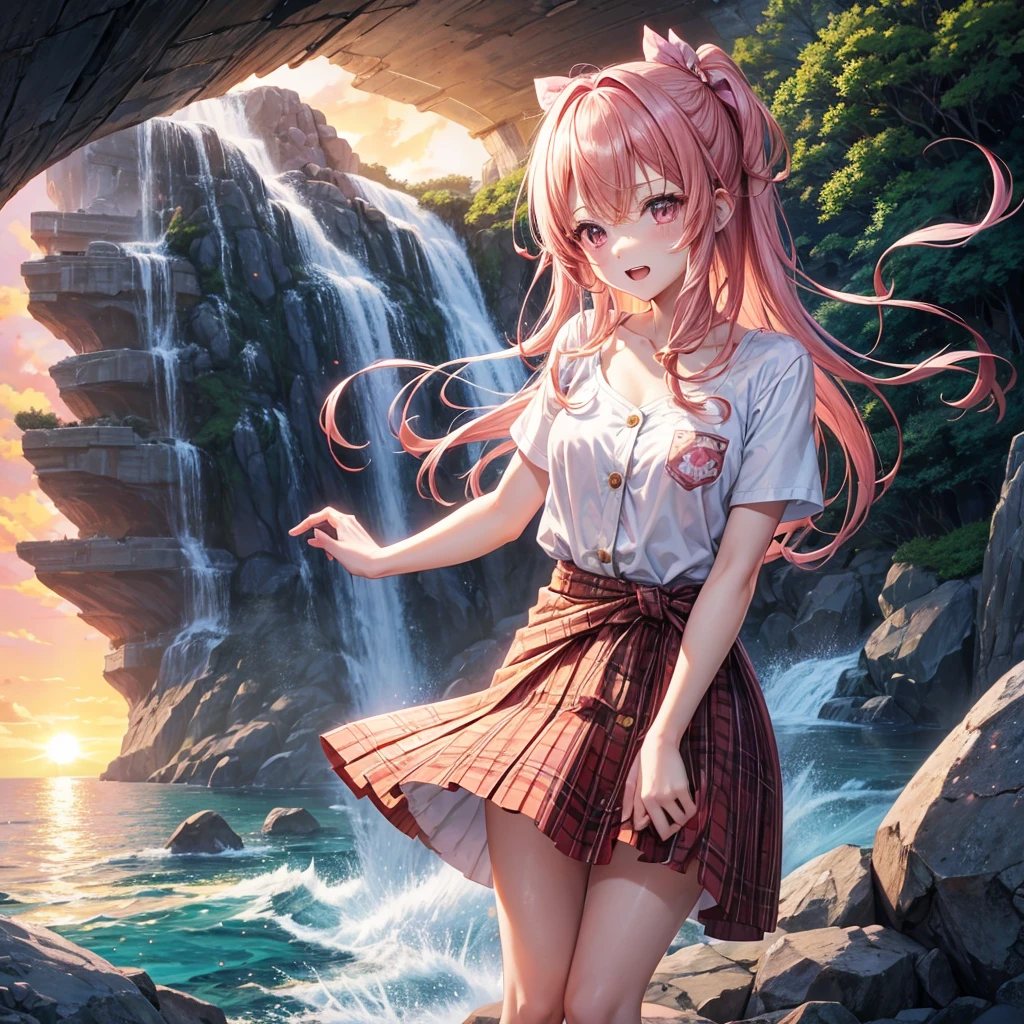 Pink gold golden hair、Red eyes、One good looking girl、solo、anime、Checkered mini skirt、The skirt has buttons、one piece、Blue camisole、White T-shirt、Jin、Wearing a ribbon、Ribbon on waist、Tilting face、Teeth are visible、waterfall、waterfallの裏側、tunnel、Sunset sky、It's exploding
