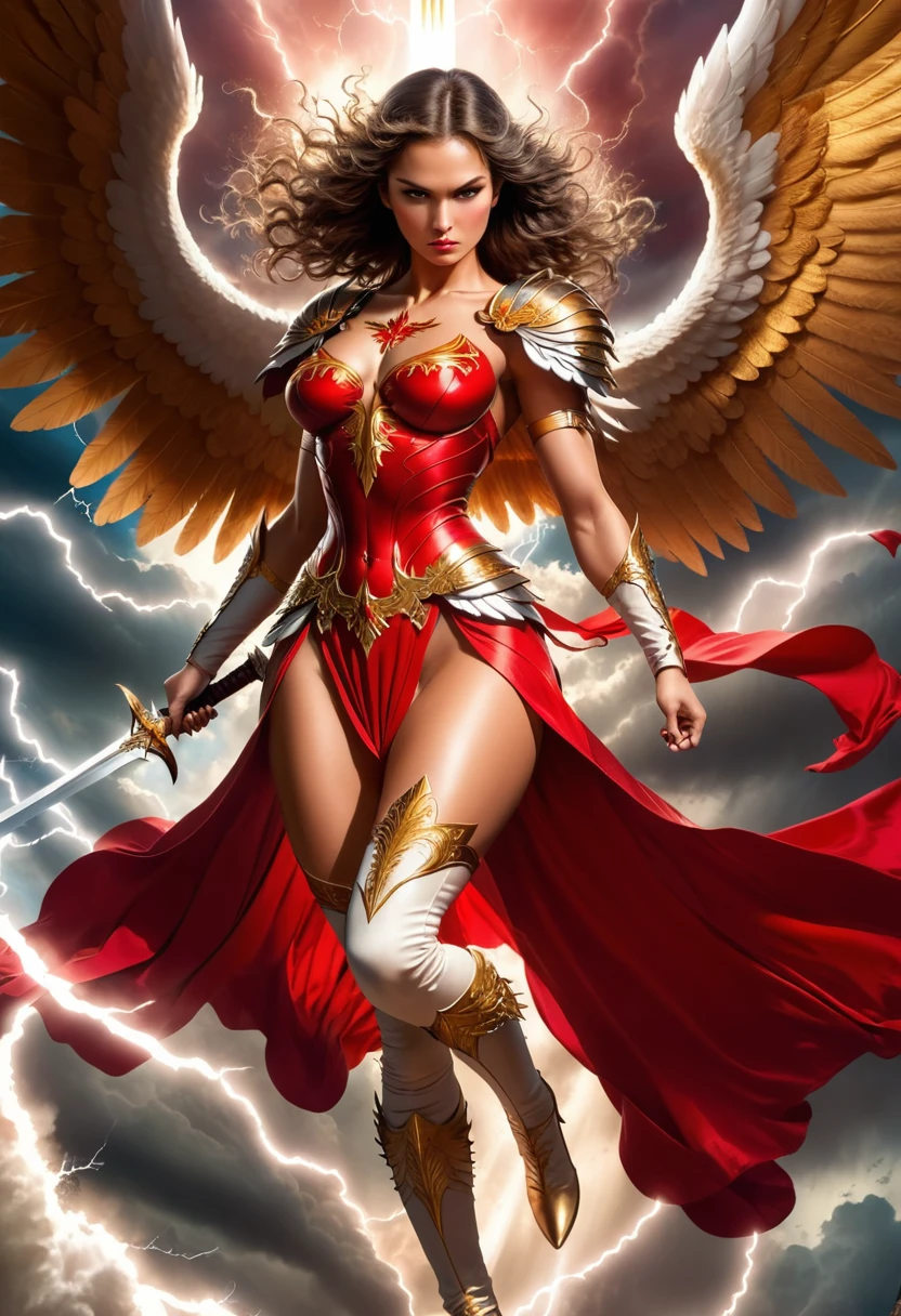 (best quality:1.2,comics art:1.1,vivid colors,beautiful vintage angel warrior woman with very big wings holding one sword,((red dress with gold embroid details)),little breasts, determined face expression,(((corpo de frente para o observador))),storm and lightning background,dramatic lighting)