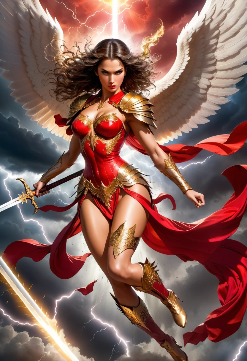 (best quality:1.2,comics art:1.1,vivid colors,beautiful vintage angel warrior woman with very big wings holding one sword,((red dress with gold embroid details)),little breasts, determined face expression,(((corpo de frente para o observador))),storm and lightning background,dramatic lighting)