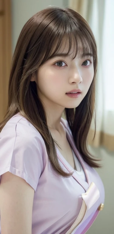 masterpiece, highest quality, 8k, 20th Generation, Large Breasts, cute, alone, sad, cute, Girlish, Delicate girl, Pure beauty,  RAW Photos, Professional photography, Portraiture, Soft Light, Professional Lighting, Backlight, Upper Body, avert your eyes, Sophisticated, Film Grain, (Eyes and facial details:1.0), Short floating hair, Beautiful, flowing hair, bangs, (Nurse uniform(Vibrant pastel colors))、(Large Breasts:1.0)、You can see a little cleavage、Nipple protrusion、Dolly Makeup、Translucent white skin、White Breasts、Odd Eye、The colour of the left and right eyes are different