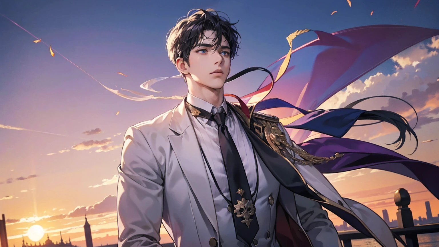 anime.Constantine the Great, Roman Emperor Constantine the Great resurrected in modern times。34 years old。one adult male。Long body。broad shoulder。thick neck。eyes like a lion。Bright and sharp eyes。Looking here。Sincere and kind。Kind and reliable。Deal with it sternly if necessary.。talented and hardworking businessman。successful gentleman。careerist。he is wearing a high quality white suit。dark purple tie。Light purple shirt。forceful。An overwhelming sense of control。romance novel hero。Bold composition。look up to。lyrical。Dramatic。heartful。Romantic。opulent。elegan。elegance。Venice background in the sunset。masterpiece。top-quality。Super beautiful。The ultra -The high-definition。detaileds。exquisite。