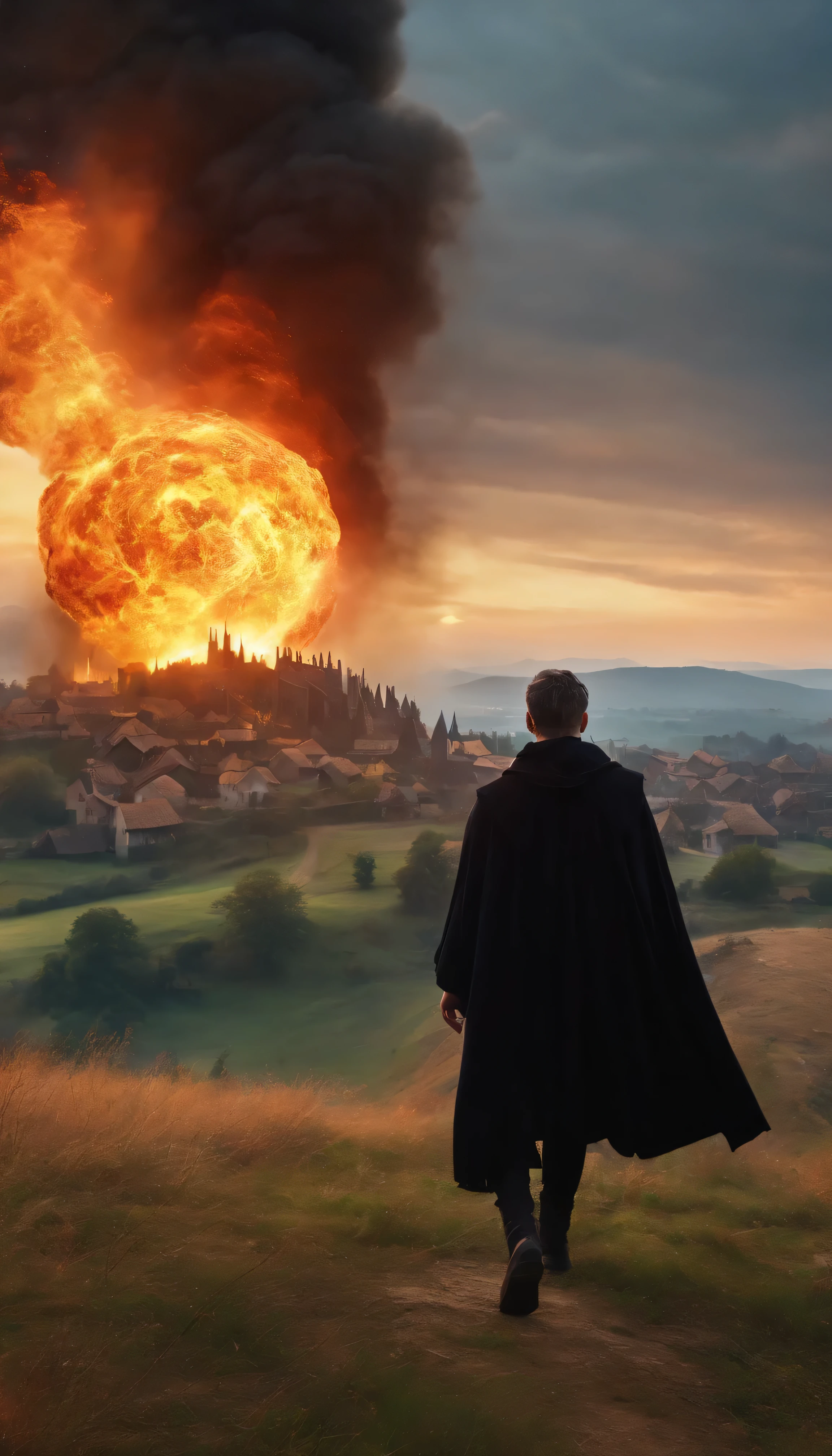 8k, close distance portrait, a male wizard with black clothes and short hair from behind, throwing a super massive huge fireball to a village in the distance from hill, with a burning village background the distance